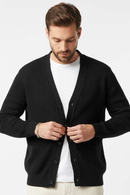 Düğmeli Erkek Triko Hırka Siyah - ASRIN TRİKO