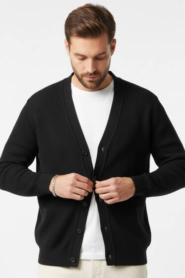 Düğmeli Erkek Triko Hırka Siyah - Erkek Hırka