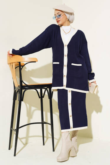 Düğmeli Etekli Triko İkili Takım Lacivert - İkili Takım