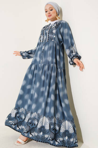 Düğmeli Etnik Desen Viskon Elbise Füme - Elbise