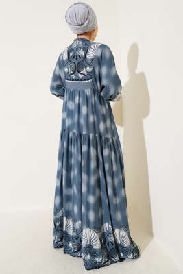 Düğmeli Etnik Desen Viskon Elbise Füme - Tesettür Elbise