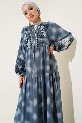Düğmeli Etnik Desen Viskon Elbise Füme - Tesettür Elbise