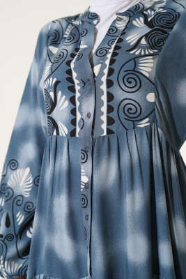 Düğmeli Etnik Desen Viskon Elbise Füme - Tesettür Elbise