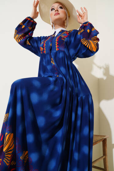 Düğmeli Etnik Desen Viskon Elbise Lacivert - Elbise