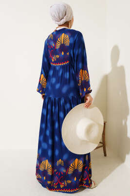 Düğmeli Etnik Desen Viskon Elbise Lacivert - Tesettür Elbise