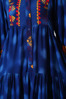 Düğmeli Etnik Desen Viskon Elbise Lacivert - Tesettür Elbise