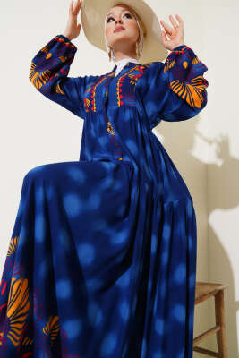 Düğmeli Etnik Desen Viskon Elbise Lacivert 