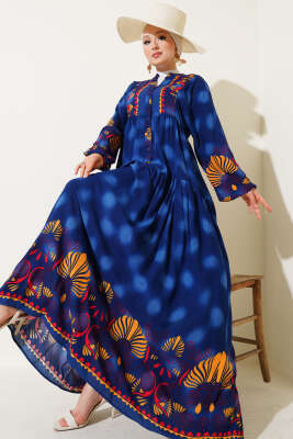 Düğmeli Etnik Desen Viskon Elbise Lacivert - Tesettür Elbise