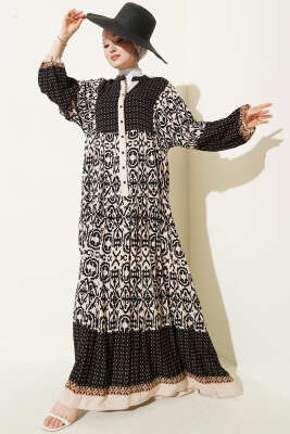 Düğmeli Etnik Desenli Katlı Elbise Bej - BIGDART