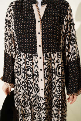 Düğmeli Etnik Desenli Katlı Elbise Bej - Elbise