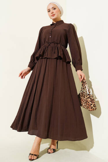 Düğmeli Fırfırlı Etekli İkili Takım Acı Kahve - İkili Takım