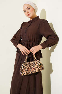 Düğmeli Fırfırlı Etekli İkili Takım Acı Kahve - İkili Takım