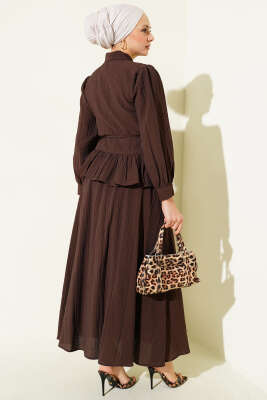 Düğmeli Fırfırlı Etekli İkili Takım Acı Kahve - İkili Takım