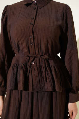 Düğmeli Fırfırlı Etekli İkili Takım Acı Kahve - İkili Takım