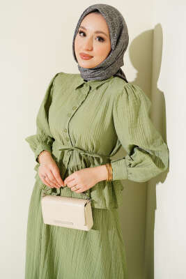 Düğmeli Fırfırlı Etekli İkili Takım Çağla Yeşili - İkili Takım