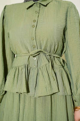 Düğmeli Fırfırlı Etekli İkili Takım Çağla Yeşili - İkili Takım