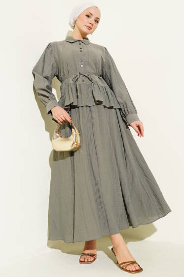 Düğmeli Fırfırlı Etekli İkili Takım Haki - İkili Takım