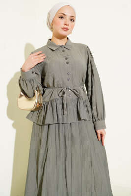 Düğmeli Fırfırlı Etekli İkili Takım Haki - İkili Takım