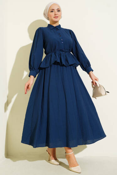 Düğmeli Fırfırlı Etekli İkili Takım Lacivert - İkili Takım