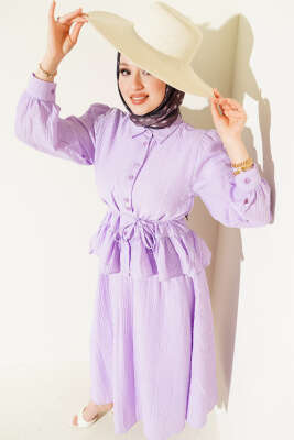 Düğmeli Fırfırlı Etekli İkili Takım Lila - DUFON