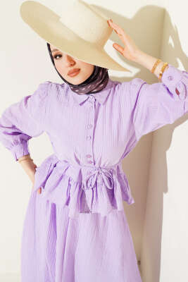 Düğmeli Fırfırlı Etekli İkili Takım Lila - İkili Takım