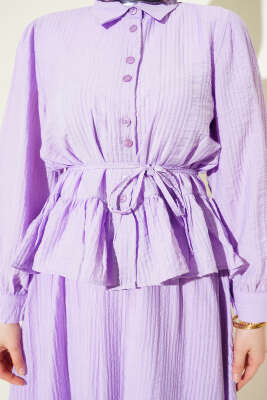 Düğmeli Fırfırlı Etekli İkili Takım Lila - İkili Takım