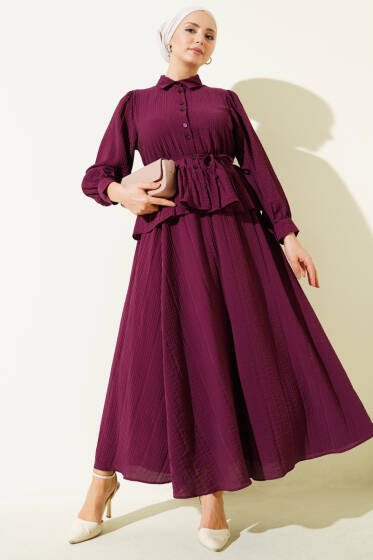 Düğmeli Fırfırlı Etekli İkili Takım Mürdüm - İkili Takım