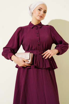 Düğmeli Fırfırlı Etekli İkili Takım Mürdüm - İkili Takım