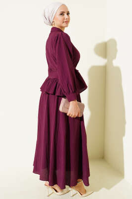 Düğmeli Fırfırlı Etekli İkili Takım Mürdüm - İkili Takım