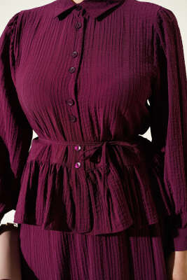 Düğmeli Fırfırlı Etekli İkili Takım Mürdüm - İkili Takım