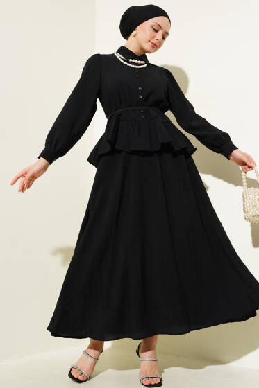 Düğmeli Fırfırlı Etekli İkili Takım Siyah - İkili Takım