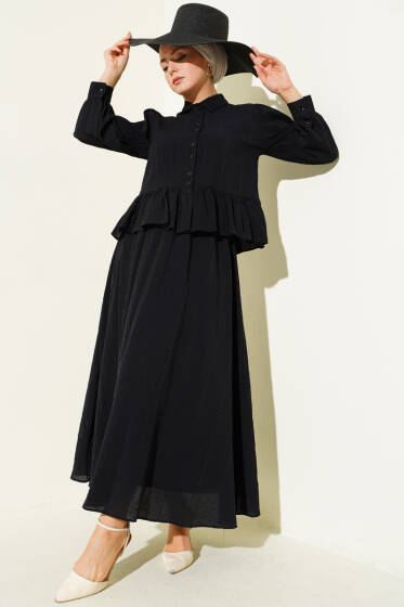 Düğmeli Fırfırlı Etekli İkili Takım Siyah - İkili Takım