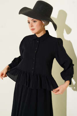 Düğmeli Fırfırlı Etekli İkili Takım Siyah - İkili Takım