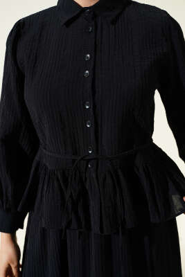 Düğmeli Fırfırlı Etekli İkili Takım Siyah - İkili Takım