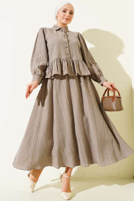 Düğmeli Fırfırlı Etekli İkili Takım Vizon - DUFON