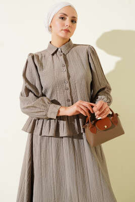 Düğmeli Fırfırlı Etekli İkili Takım Vizon - İkili Takım