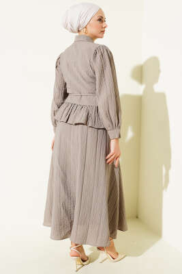 Düğmeli Fırfırlı Etekli İkili Takım Vizon - İkili Takım