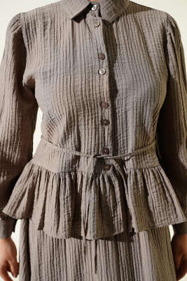 Düğmeli Fırfırlı Etekli İkili Takım Vizon - İkili Takım