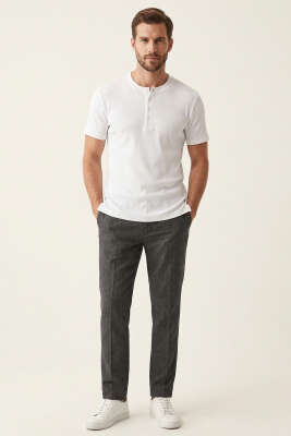 Düğmeli Fitilli Erkek T-shirt Beyaz - Erkek T-shirt