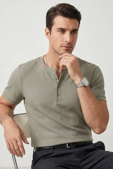 Düğmeli Fitilli Erkek T-shirt Çağla Yeşili - Erkek T-shirt