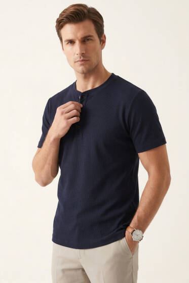 Düğmeli Fitilli Erkek T-shirt Lacivert - Erkek T-shirt