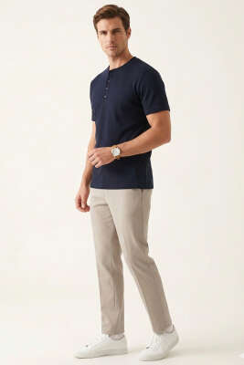 Düğmeli Fitilli Erkek T-shirt Lacivert - Erkek T-shirt