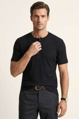 Düğmeli Fitilli Erkek T-shirt Siyah 