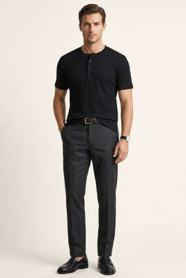 Düğmeli Fitilli Erkek T-shirt Siyah - Erkek T-shirt