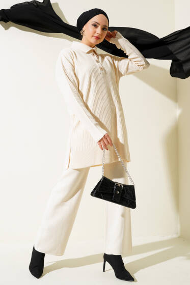 Düğmeli Fitilli Gömlek Yaka Triko Takım Bej - İkili Takım