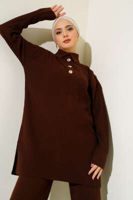 Düğmeli Fitilli Gömlek Yaka Triko Takım Kahve - Triko İkili Takım