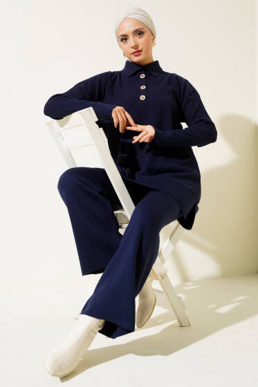 Düğmeli Fitilli Gömlek Yaka Triko Takım Lacivert - İkili Takım