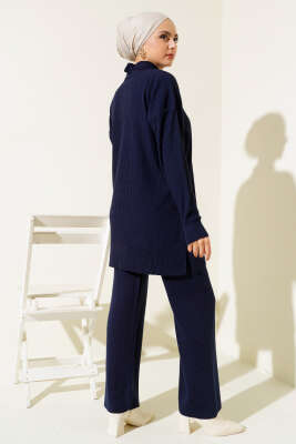 Düğmeli Fitilli Gömlek Yaka Triko Takım Lacivert - Triko İkili Takım