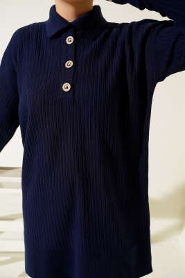 Düğmeli Fitilli Gömlek Yaka Triko Takım Lacivert - Triko İkili Takım