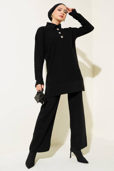 Düğmeli Fitilli Gömlek Yaka Triko Takım Siyah - İkili Takım